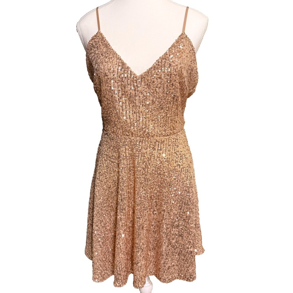 Revamped Sequin Mini Dress L Champagne Gold Spaghetti Strap Party